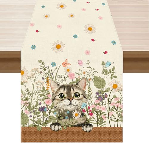 XCHI Wildflowers Cat Daisy Spring Table Runner Summer Table Decoration for Party Home Kitchen Dining Holiday Decor 13x72 Inch - Image 1