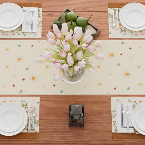 XCHI Wildflowers Cat Daisy Spring Table Runner Summer Table Decoration for Party Home Kitchen Dining Holiday Decor 13x72 Inch - Image 4