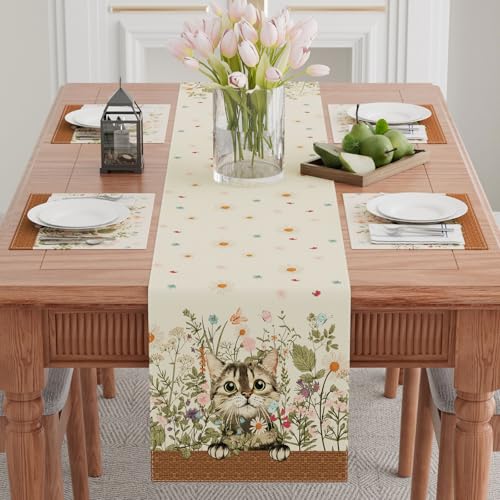 XCHI Wildflowers Cat Daisy Spring Table Runner Summer Table Decoration for Party Home Kitchen Dining Holiday Decor 13x72 Inch - Image 2