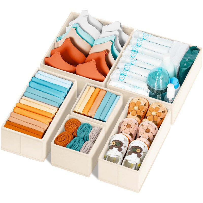 Criusia Drawer Organizer Clothes 6 Pack - Sock Underwear Drawer Organizer Divider - Dresser Organizer Bins for Closet Bedroom - Baby Clothes Organizers and Storage for Nursery Organization -Beige - Image 1