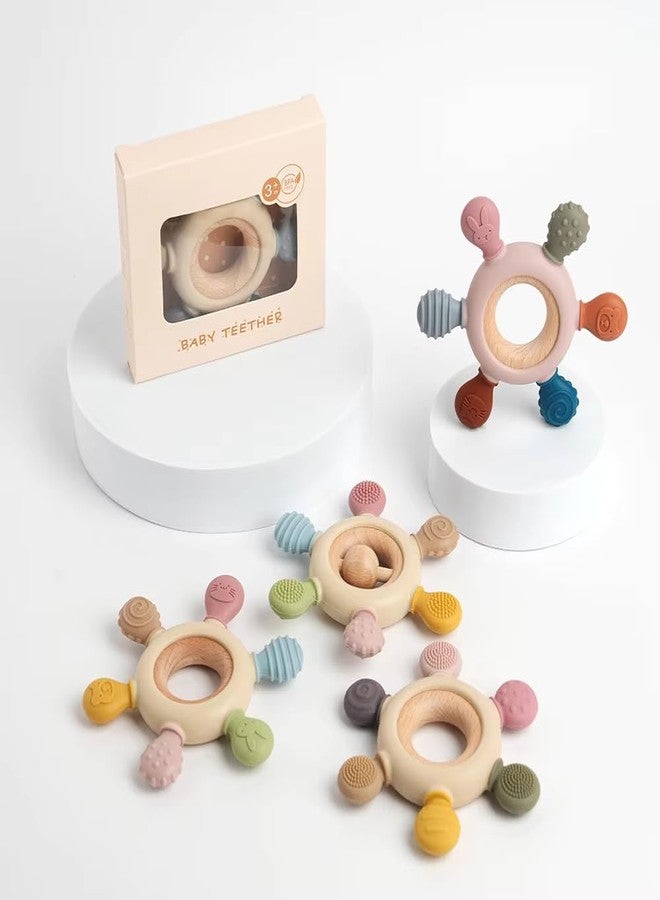 Lupro 2-in-1 Silicone & Wood Baby Teether - BPA-Free Animal Pattern, Wooden Ring, Chewable Toy for Infants (3-12 Months), Safe & Sensory, Multicolor, Pack of 1 - Image 1