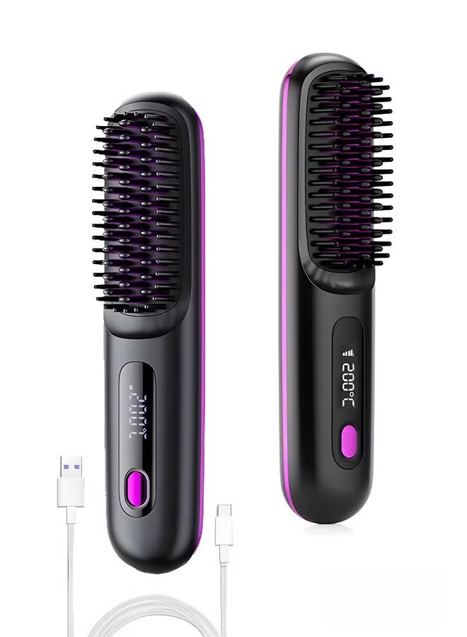 Wireless Hair Straightener Brush Portable Mini Ceramic Ionic Straightening Comb and curler 2 in 1 Thermal Brush 20s Fast Heating & 3 Temp Settings & Anti-Scald - Image 1