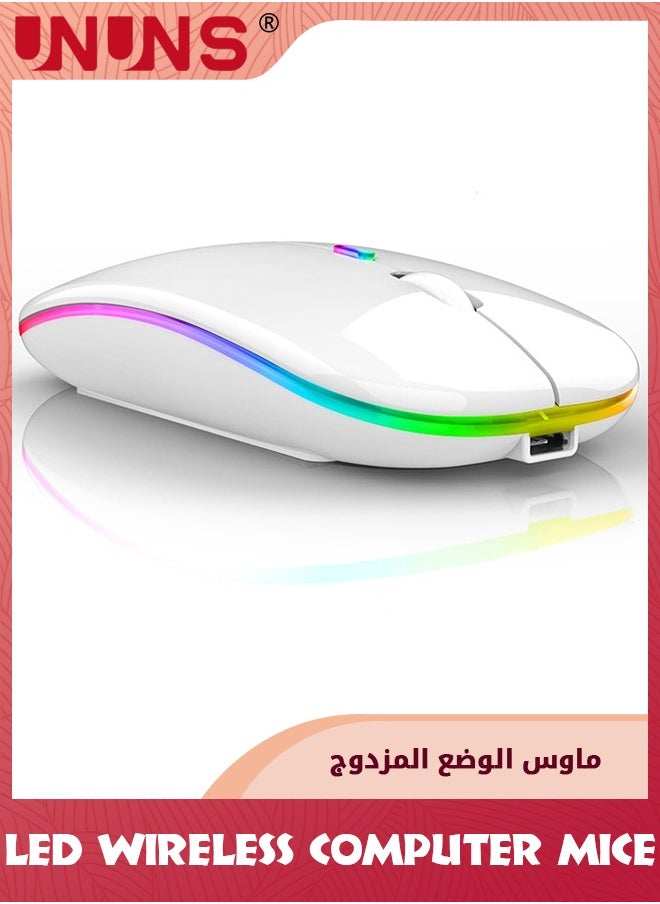 UNUNS - Wireless Bluetooth Mouse,LED Slim Dual Mode-Bluetooth 5.0 And 2.4G Wireless Mouse,Rechargeable Optical Silent Computer Mice With USB Receiver,For Laptop/PC/Mac OS/Android/Windows,Sliver White - Image 1