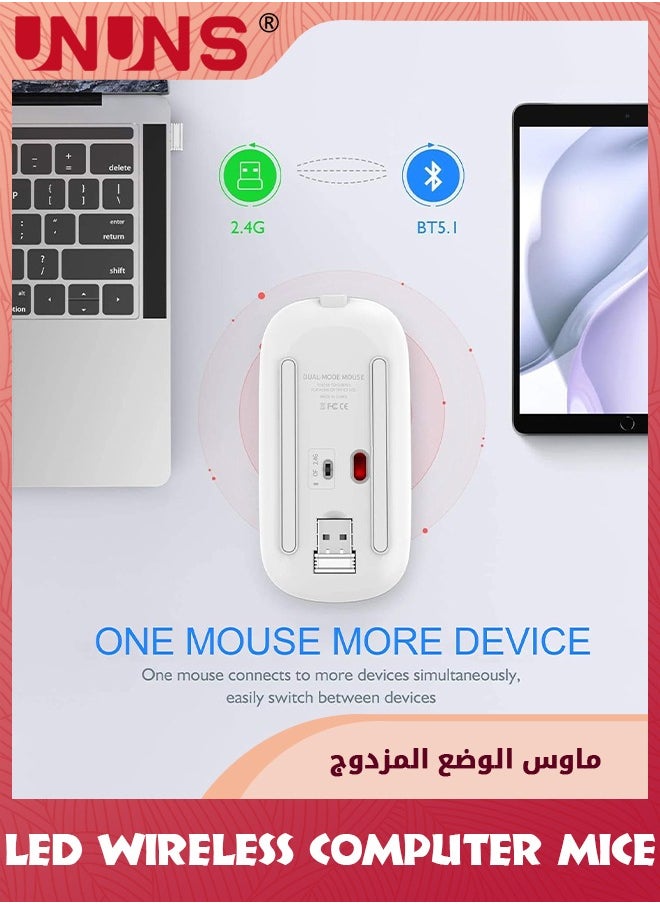 UNUNS - Wireless Bluetooth Mouse,LED Slim Dual Mode-Bluetooth 5.0 And 2.4G Wireless Mouse,Rechargeable Optical Silent Computer Mice With USB Receiver,For Laptop/PC/Mac OS/Android/Windows,Sliver White - Image 1