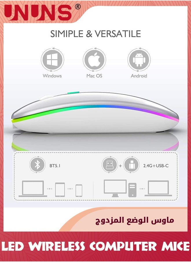 UNUNS - Wireless Bluetooth Mouse,LED Slim Dual Mode-Bluetooth 5.0 And 2.4G Wireless Mouse,Rechargeable Optical Silent Computer Mice With USB Receiver,For Laptop/PC/Mac OS/Android/Windows,Sliver White - Image 1