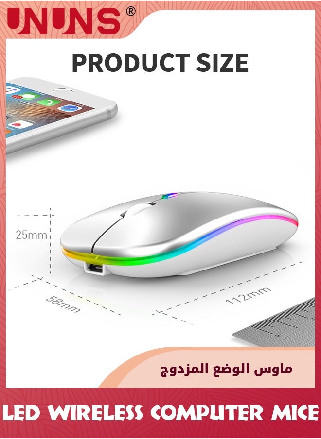 UNUNS - Wireless Bluetooth Mouse,LED Slim Dual Mode-Bluetooth 5.0 And 2.4G Wireless Mouse,Rechargeable Optical Silent Computer Mice With USB Receiver,For Laptop/PC/Mac OS/Android/Windows,Sliver White - Image 1
