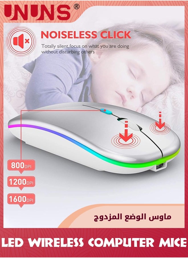 UNUNS - Wireless Bluetooth Mouse,LED Slim Dual Mode-Bluetooth 5.0 And 2.4G Wireless Mouse,Rechargeable Optical Silent Computer Mice With USB Receiver,For Laptop/PC/Mac OS/Android/Windows,Sliver White - Image 1