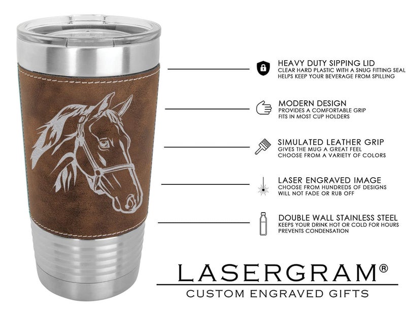 LaserGram 20oz Horse Head Tumbler, Rustic Faux Leather Wrap, Double Wall Vacuum Insulated Stainless Steel with Sipping Lid - Image 3