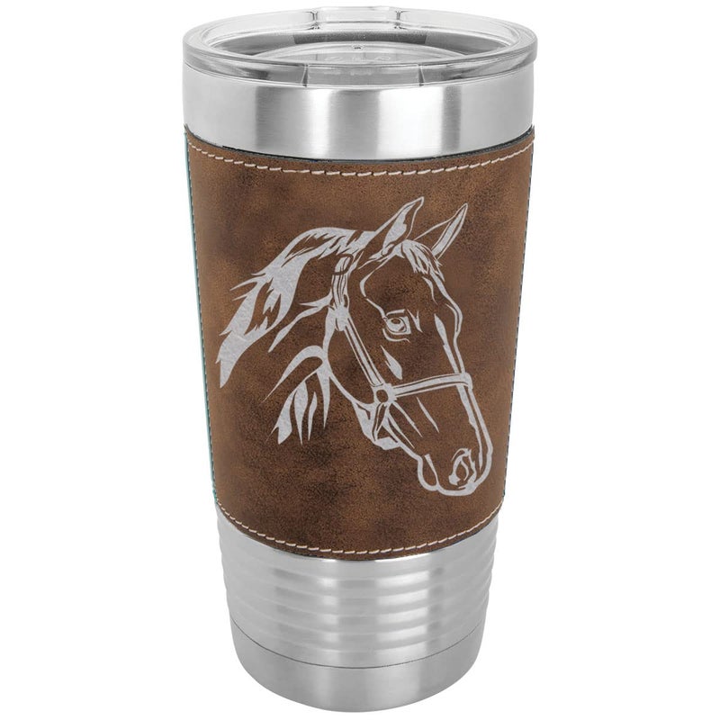 LaserGram 20oz Horse Head Tumbler, Rustic Faux Leather Wrap, Double Wall Vacuum Insulated Stainless Steel with Sipping Lid - Image 5
