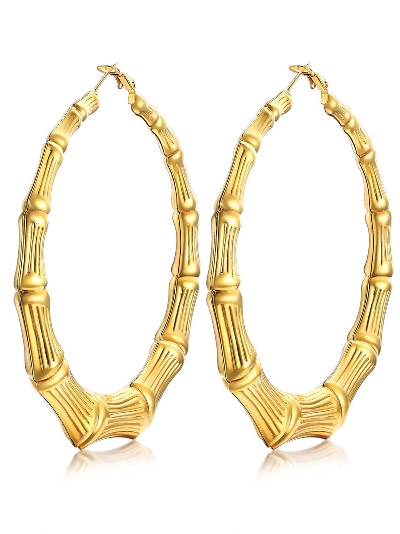 KeyStyle Womens Bamboo Hoops Earrings Oversized Gold Party Accessories, 80 mm Classic Bamboo Hoops Earring Big Loops, Stainless Steel Simple Ear Jew for Sensitive Ears - Image 1