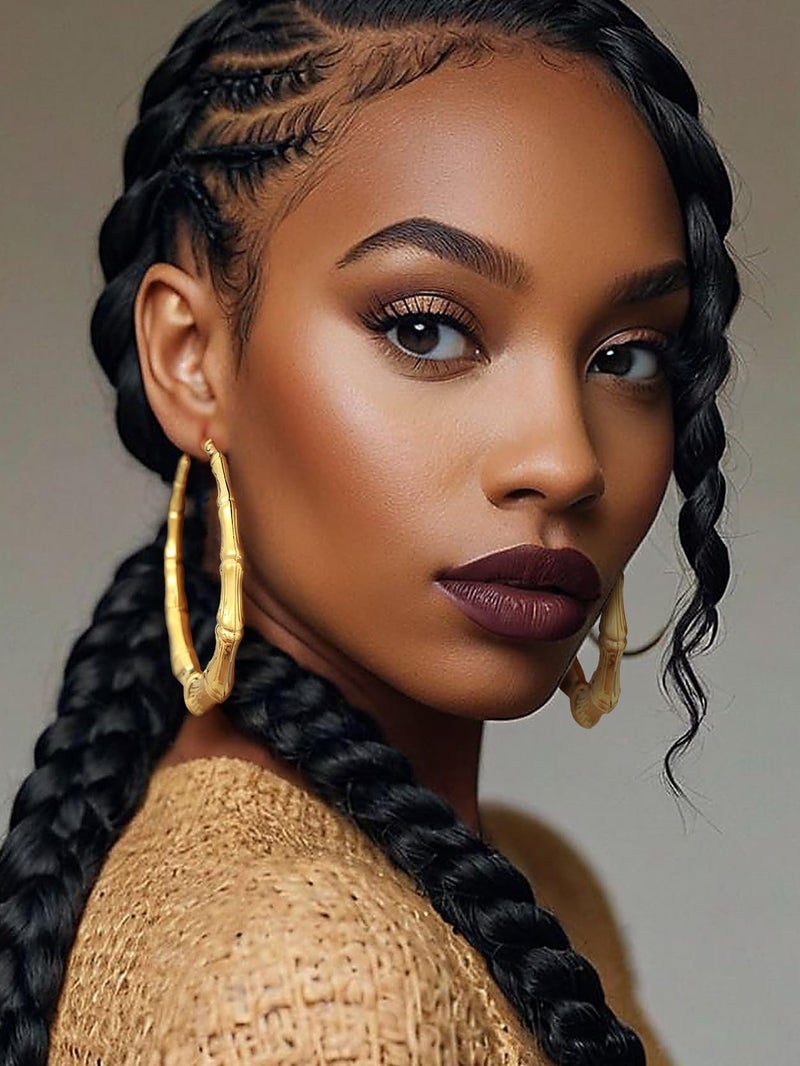 KeyStyle Womens Bamboo Hoops Earrings Oversized Gold Party Accessories, 80 mm Classic Bamboo Hoops Earring Big Loops, Stainless Steel Simple Ear Jew for Sensitive Ears - Image 2