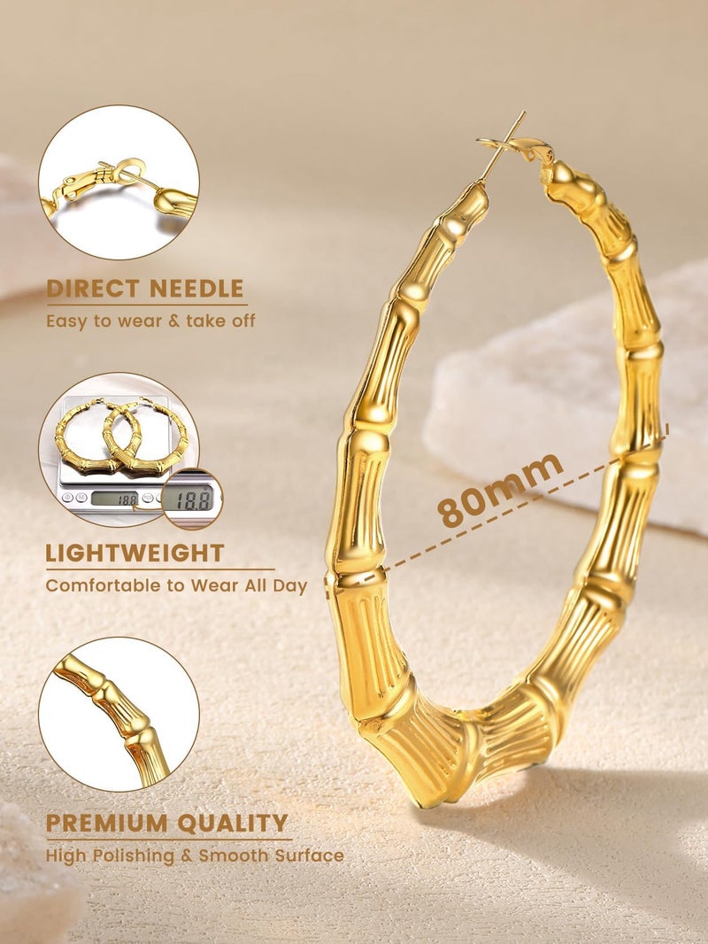 KeyStyle Womens Bamboo Hoops Earrings Oversized Gold Party Accessories, 80 mm Classic Bamboo Hoops Earring Big Loops, Stainless Steel Simple Ear Jew for Sensitive Ears - Image 4