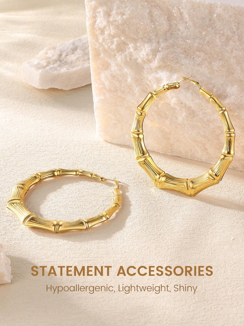 KeyStyle Womens Bamboo Hoops Earrings Oversized Gold Party Accessories, 80 mm Classic Bamboo Hoops Earring Big Loops, Stainless Steel Simple Ear Jew for Sensitive Ears - Image 3