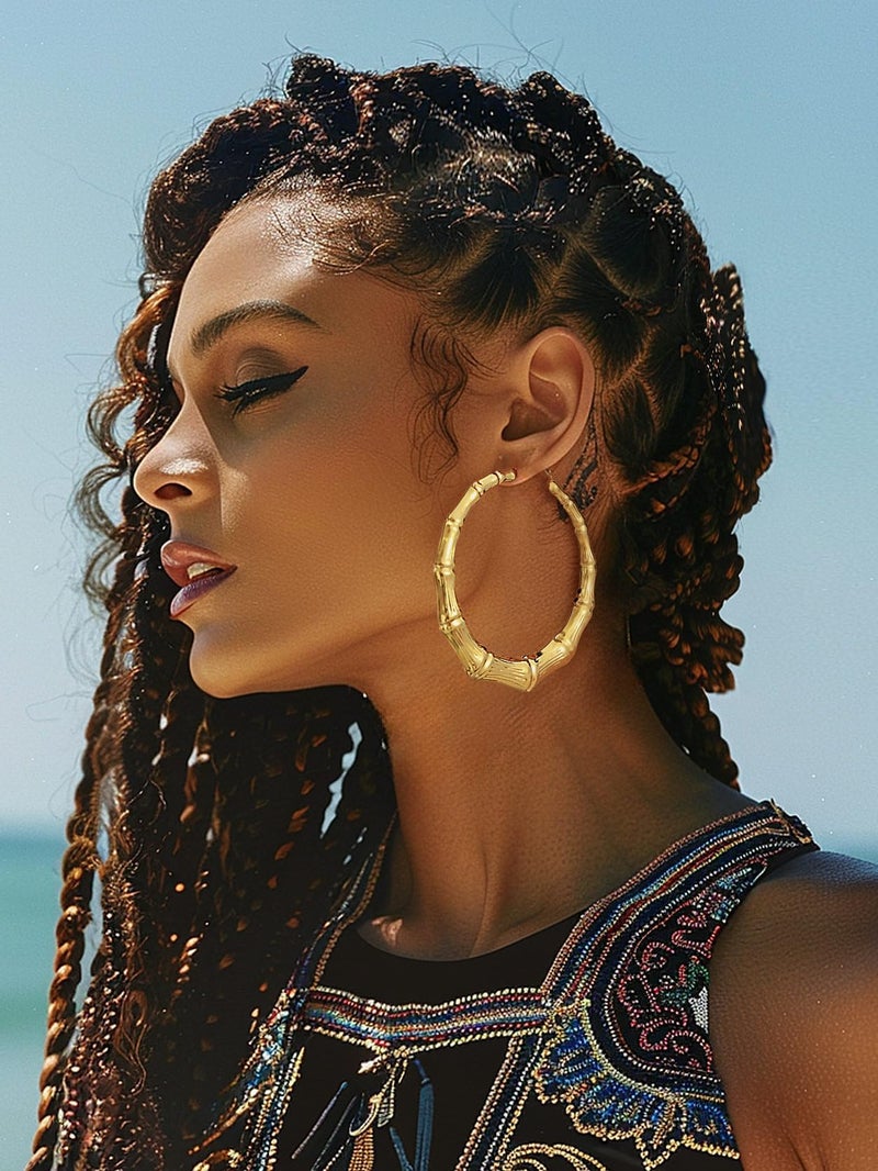 KeyStyle Womens Bamboo Hoops Earrings Oversized Gold Party Accessories, 80 mm Classic Bamboo Hoops Earring Big Loops, Stainless Steel Simple Ear Jew for Sensitive Ears - Image 5