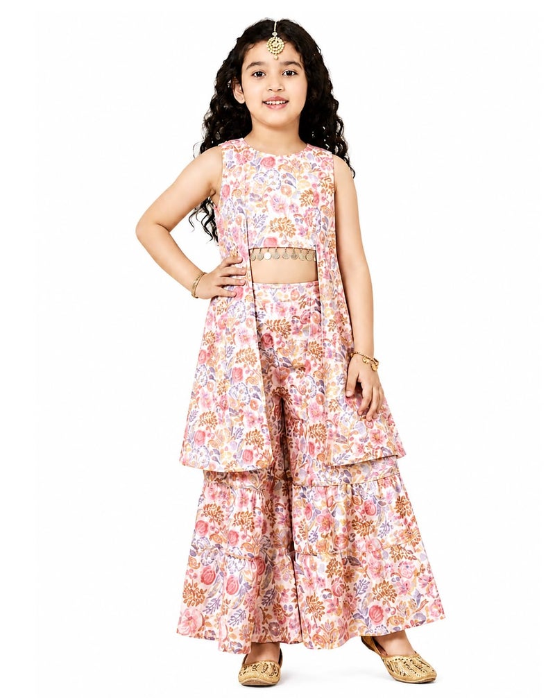 A.T.U.N. (ALL THINGS UBER NICE) Girls Peach Printed Tier Sharara Set - Image 1