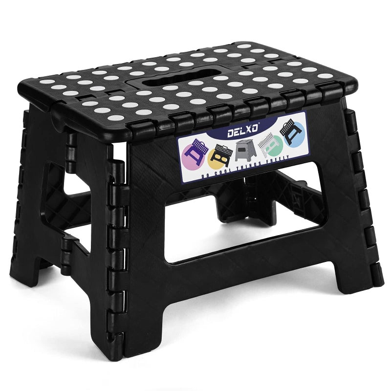 Delxo 9 Inch Folding Step Stool, Black Step Stools for Kids Foldable,Portable Collapsible Step Stool with Handle, Folding Stool for Kitchen Bathroom,Bedroom,Garden - Image 1