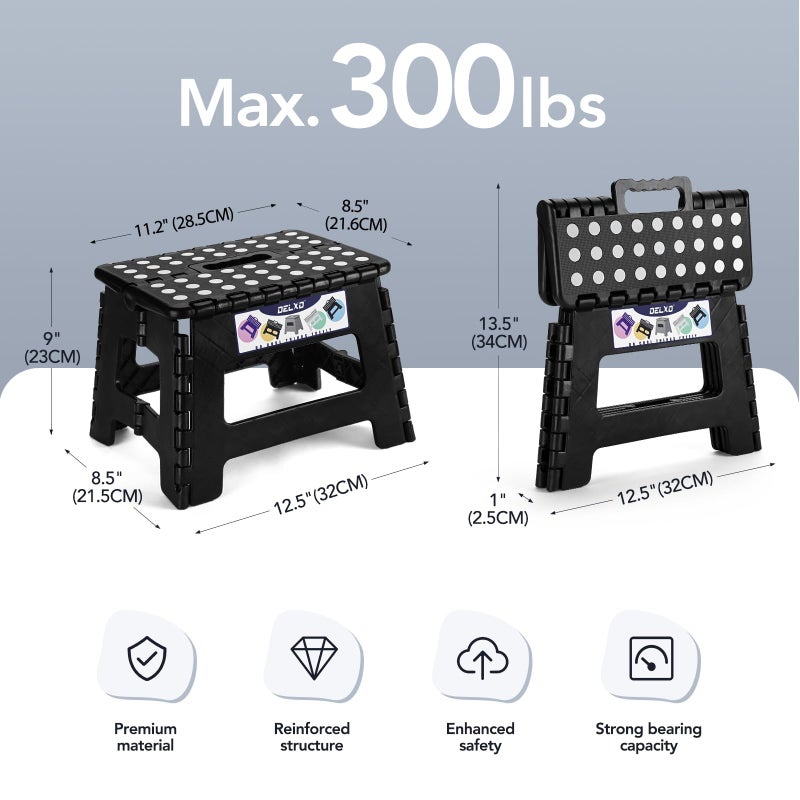 Delxo 9 Inch Folding Step Stool, Black Step Stools for Kids Foldable,Portable Collapsible Step Stool with Handle, Folding Stool for Kitchen Bathroom,Bedroom,Garden - Image 2