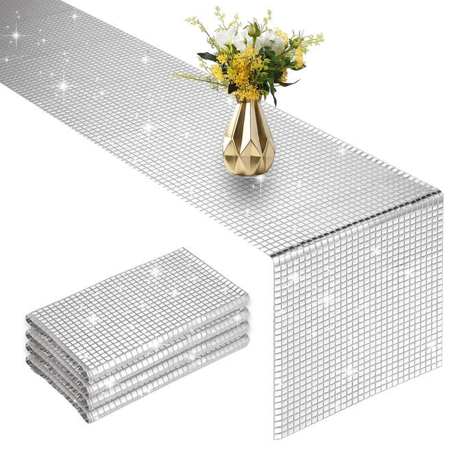 4 PACKS GLITTER DISCO PARTY TABLE RUNNER 12 X 108 INCHES MIRROR SILVER FOIL DECOR FOR 70S 80S DISCO PARTY DECORATIONS BIRTHDAY HOME TABLE DECORATIONS