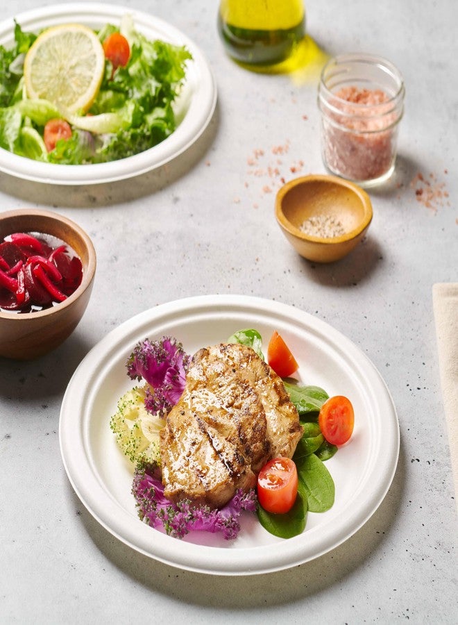 Munfix أطباق ورقية قابلة للتحلل 100% - عبوة 150 طبق ثقيل - أطباق قابلة للتحلل الحيوي مقاس 9 بوصة بيضاء مصنوعة من قصب السكر الطبيعي الصديق للبيئة، أطباق قابلة للاستخدام في الميكروويف بكميات كبيرة - Image 3