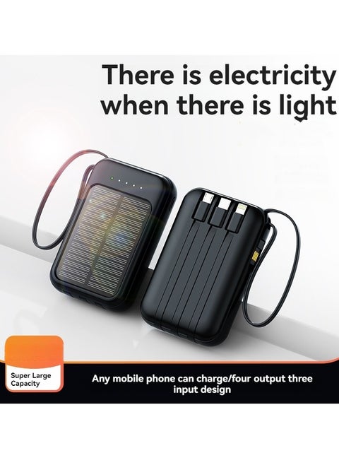 New Solar Power Bank 10000 Mah Large Capacity Comes With Charging Cable Mini Mobile Power Supply Essential For Camping (Black)
