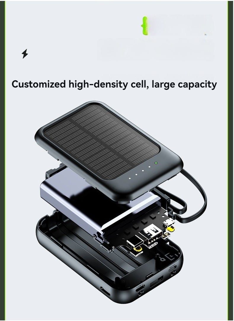 New Solar Power Bank 10000 Mah Large Capacity Comes With Charging Cable Mini Mobile Power Supply Essential For Camping (Black)