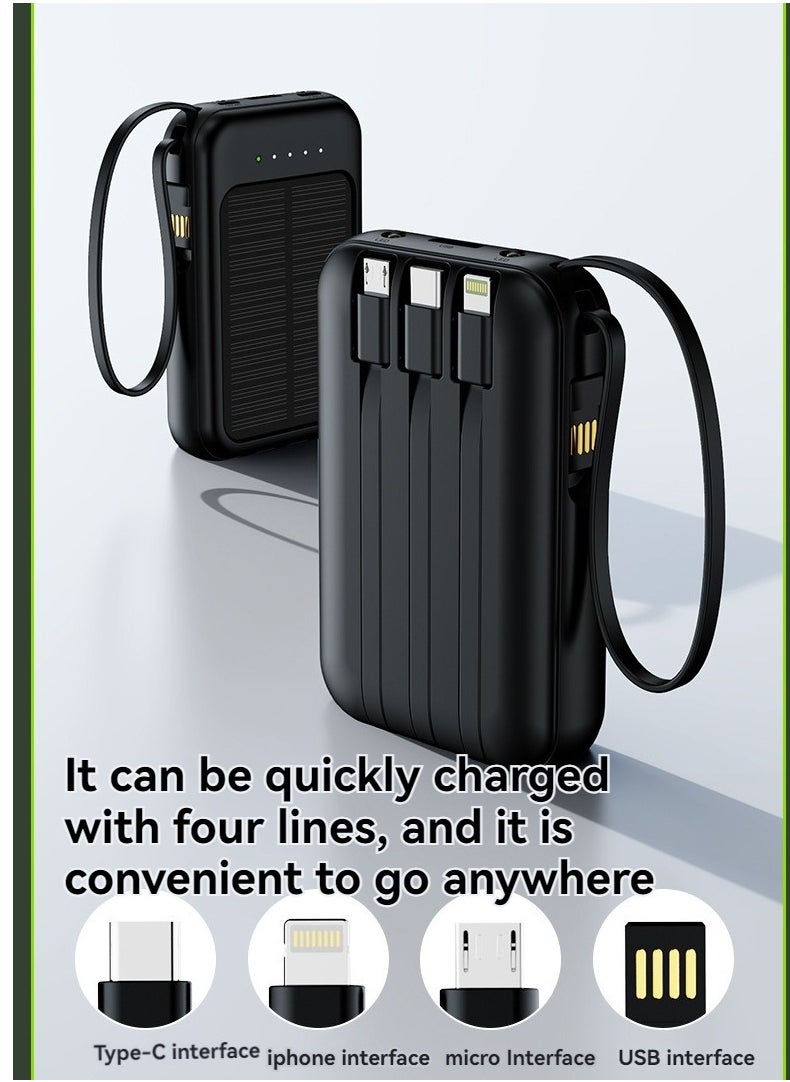 New Solar Power Bank 10000 Mah Large Capacity Comes With Charging Cable Mini Mobile Power Supply Essential For Camping (Black)