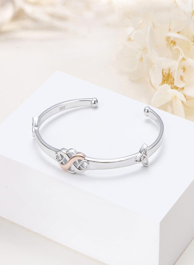 FLYOW Two Tone Irish Celtic Knot Bracelet 925 Sterling Silver Infinity Love Good Luck Irish Cuff Bangle Bracelet Birthday Christmas Gifts Jewelry for Women(Rose Gold) - Image 2