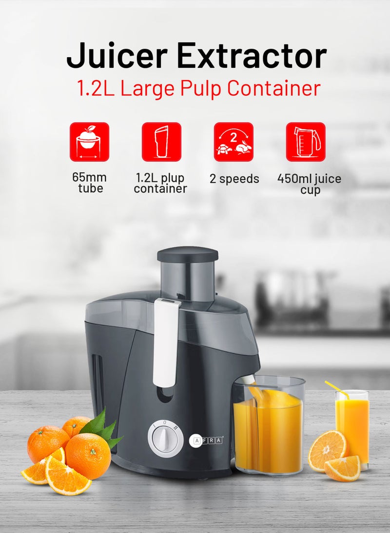 AFRA Juice Extractor with 2 Speeds -65mm Wide Feed Tube, Stainless Steel Filter | 1.2L Large Pulp Container with 450ml juice cup & Transparent Lid & Mesh Strainer | 2-Year Warranty - Image 1