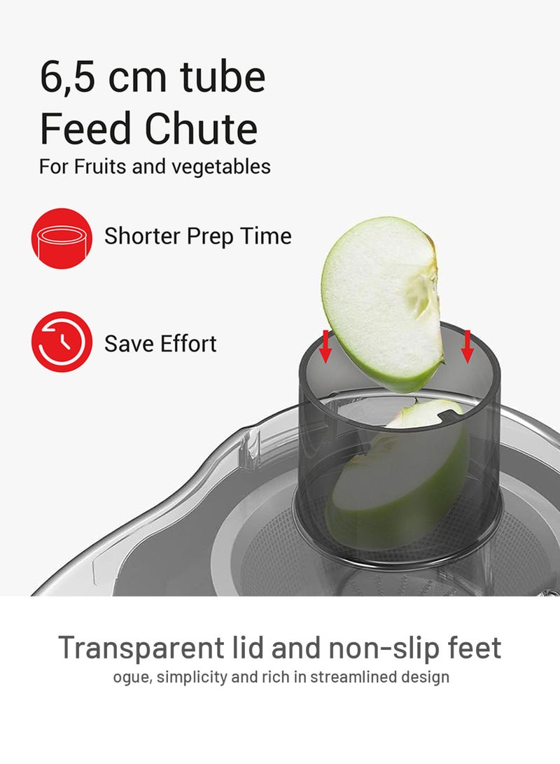 AFRA Juice Extractor with 2 Speeds -65mm Wide Feed Tube, Stainless Steel Filter | 1.2L Large Pulp Container with 450ml juice cup & Transparent Lid & Mesh Strainer | 2-Year Warranty - Image 5