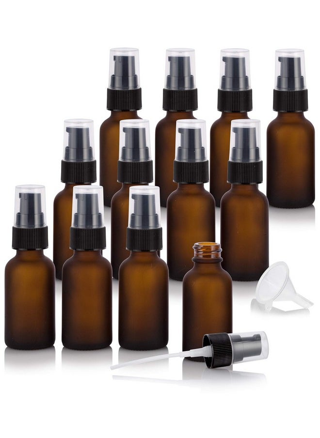 JUVITUS 1 Oz30 Ml Frosted Amber Glass Boston Round Bottle With Black Treatment Pump (12 Pack) + Funnel  - Image 1