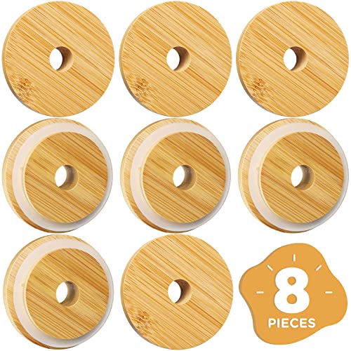 SBMKK 86mm Wide Mouth Bamboo Mason Jar Lids with Straw Hole, SBMKK Wood Mason Jar Straw Lid 8 Pack - Image 1