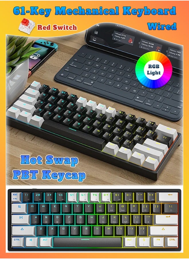 LEAVEN - 61-Key Wired Keyboard - Hot Swap - Red Switch - Mechanical Keyboard - Gaming Keyboard - Office Keyboard - RGB Lighting Effect - Computer Keyboard - Image 1
