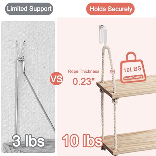 YOYUTOX 2 Tier Cubicle Shelf for Walls 118 Wooden Hanging Wall Shelf with Hooks Cotton Rope Boho Style Office Cubicle Accessories for Work Desk Wall Storage Organizer for Office Decor - Image 3