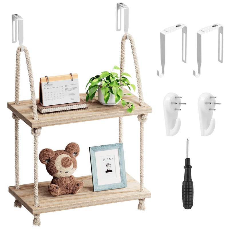 YOYUTOX 2 Tier Cubicle Shelf for Walls 118 Wooden Hanging Wall Shelf with Hooks Cotton Rope Boho Style Office Cubicle Accessories for Work Desk Wall Storage Organizer for Office Decor - Image 2