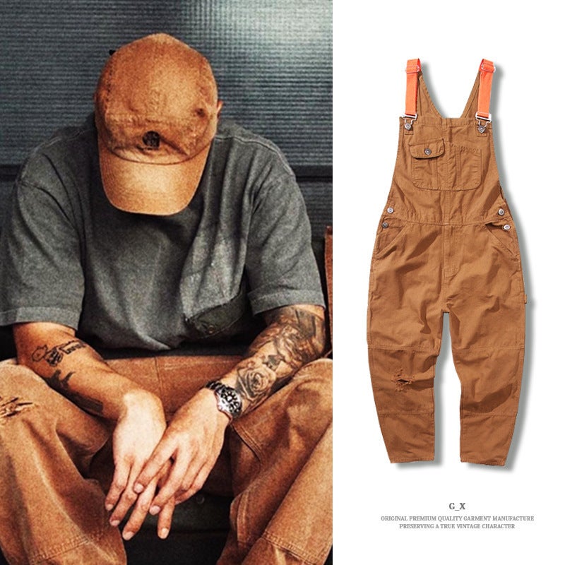 Men'S Trendy Loose Straight-Leg Overalls Jumpsuit Workwear Versatile Ripped Vintage Casual Jeans - Image 2