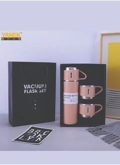 يانيك قارورة ترمس من الفولاذ المقاوم للصدأ سعة 500 مل من YANEK بمقبض سيليكون وزجاجة مياه معزولة مع كوبين من الفولاذ المقاوم للصدأ للسفر في الهواء الطلق الساخن والبارد | صندوق هدايا (عبوة واحدة، وردي)  - Image 2