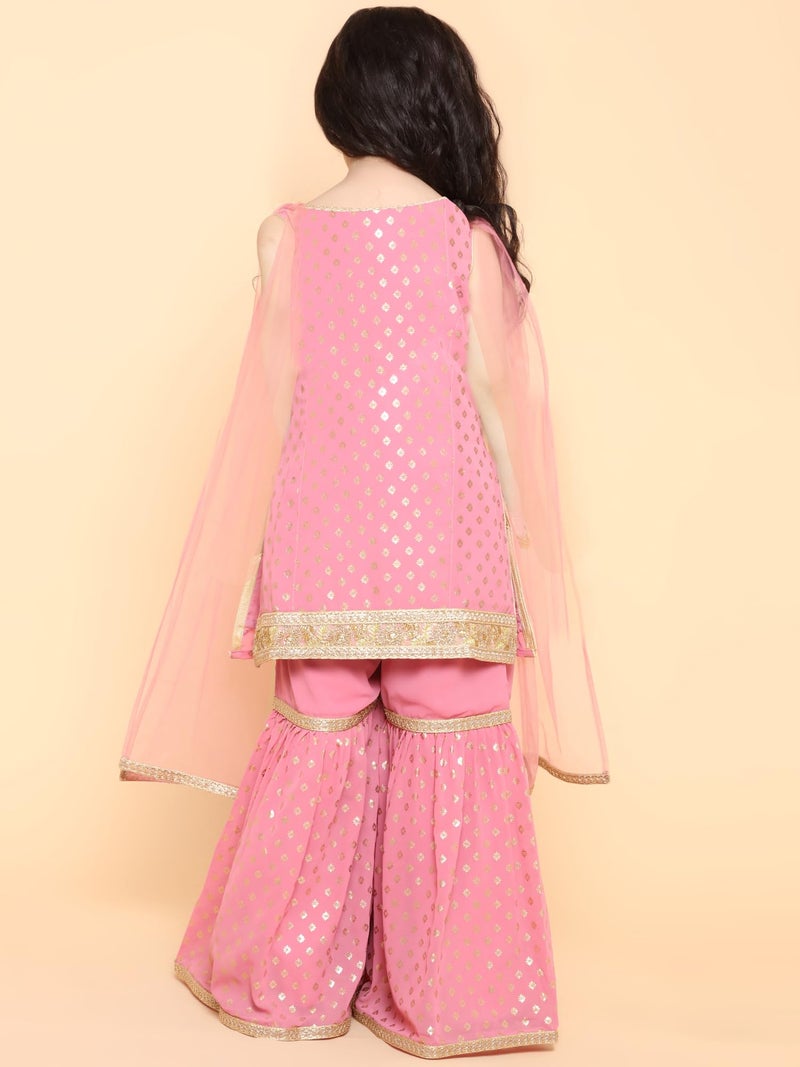 AJ DEZINES Girls Sharara Kurta Set | Georgette Sleeveless Kurti Set | Ethnic Wear for Girls | Foil Printed Sharara Suit | Stylish Kids Kurta for Festivals Weddings & Special Occasions | RANI-4 - Image 4