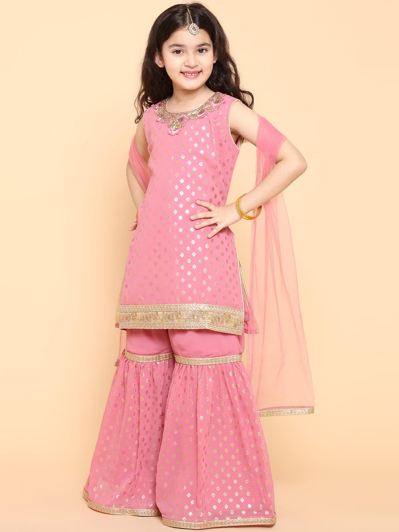 AJ DEZINES Girls Sharara Kurta Set | Georgette Sleeveless Kurti Set | Ethnic Wear for Girls | Foil Printed Sharara Suit | Stylish Kids Kurta for Festivals Weddings & Special Occasions | RANI-4 - Image 5