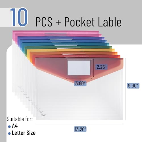 Mr. Pen Mr Pen Clear Plastic Envelopes File Folders 10 Pack A4 Letter Size Colorful Flaps Clear Folders for Documents Plastic Poly Envelopes with Label for School Home Work Office Organizer - Image 3
