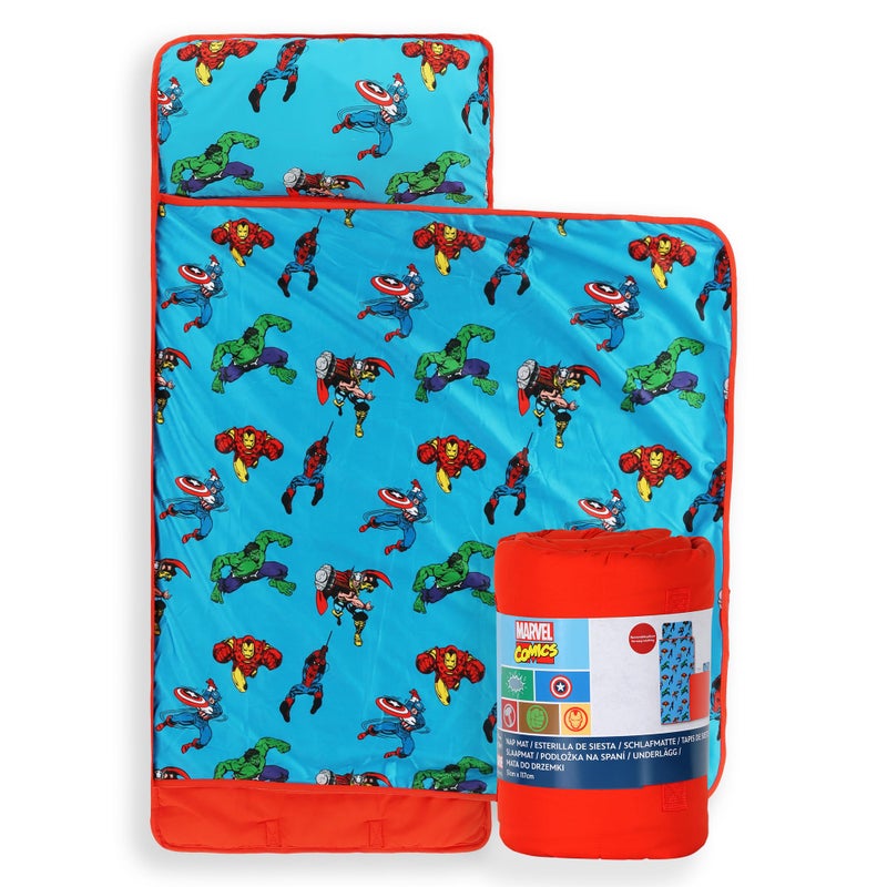 Jay Franco Kids Nap Mat With Embedded Pillow & Blanket - Soft 46""X20"" Microfiber Sleeping Bag With Name Tag & Handle For School  Travel  Sleepover  Blue - Marvel Comics - Image 1