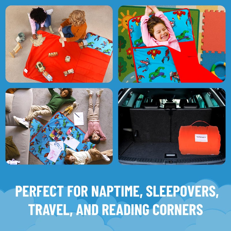 Jay Franco Kids Nap Mat With Embedded Pillow & Blanket - Soft 46""X20"" Microfiber Sleeping Bag With Name Tag & Handle For School  Travel  Sleepover  Blue - Marvel Comics - Image 3