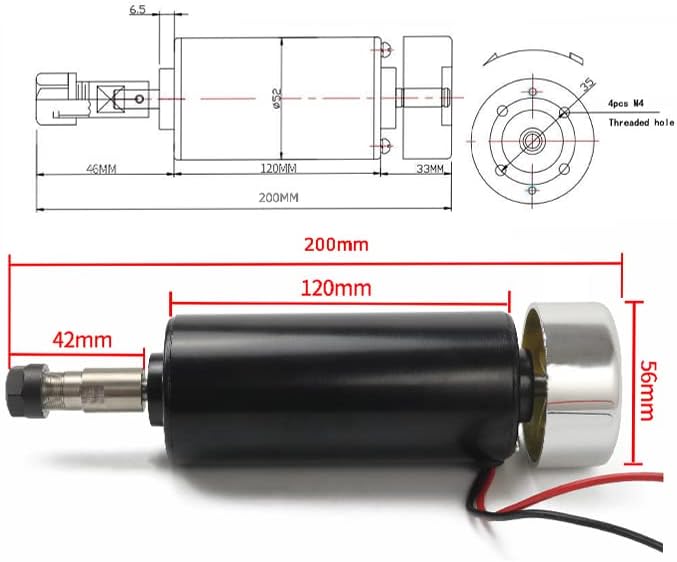 RATTMMOTOR CNC DC Spindle Motor ER16 500W Air-Cooled Spindle Motor 52mm 48VDC 12000RPM 0.6N.m + ER16 Chuck 8mm Collet for CNC Engraving Router Milling Machine - Image 2