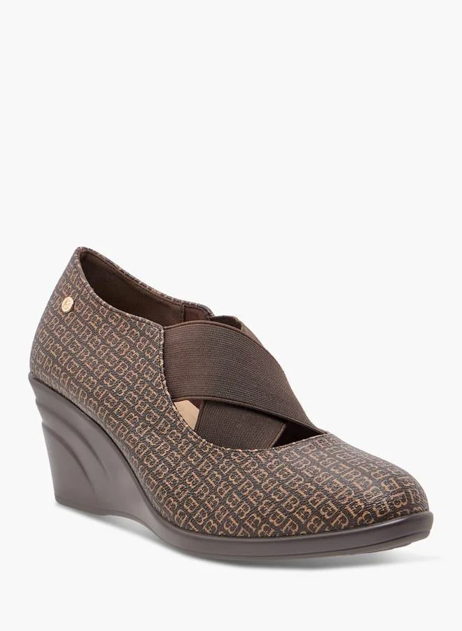 Flora Bella By Shoexpress Monogram Printed Slip-On Pumps with Wedge Heels