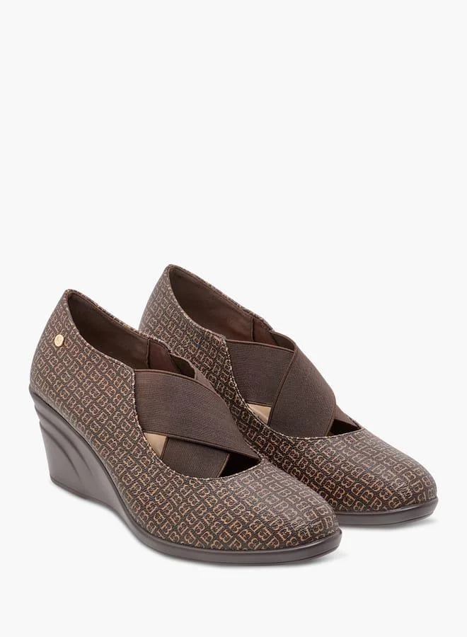 Flora Bella By Shoexpress Monogram Printed Slip-On Pumps with Wedge Heels