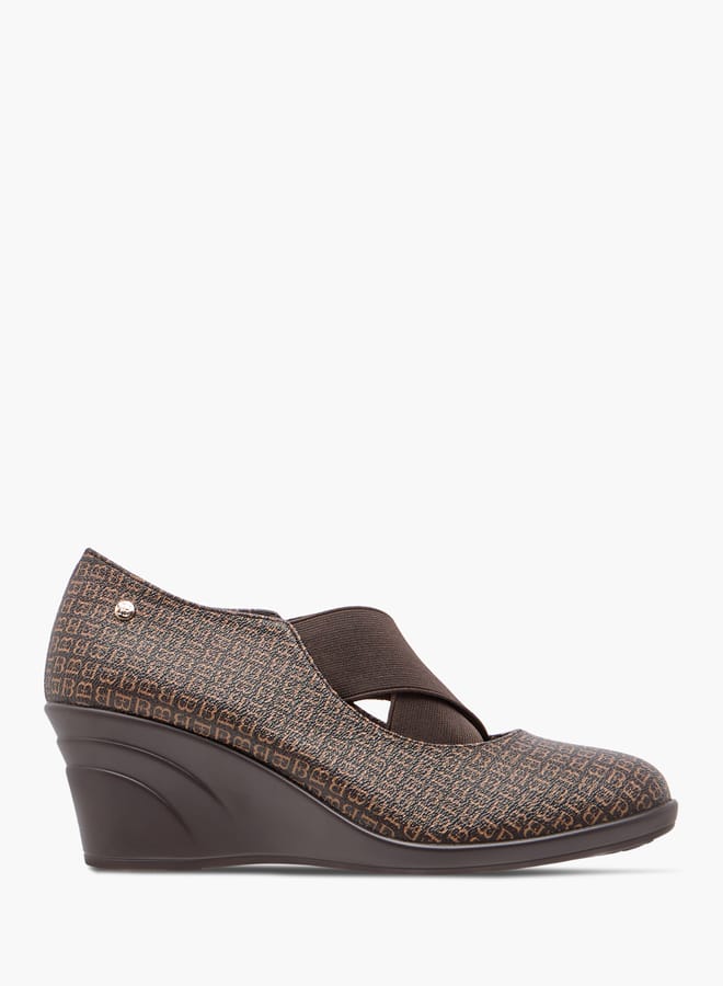 Flora Bella By Shoexpress Monogram Printed Slip-On Pumps with Wedge Heels  - Image 3