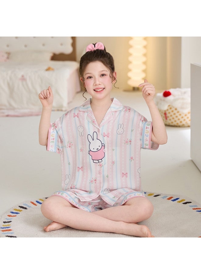 Girls' Ice Silk Pajamas For Older Children, Suitable For Outdoor Wear, Summer Thin Short-sleeve And Shorts Two-piece Set, Cartoon Style Home Wear