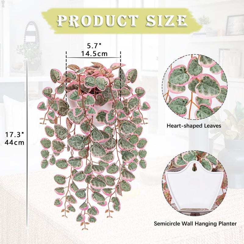 Briful Faux Hanging Plants 17'' Artificial String of Heart Vines with Semicircle Wall Mount Planter Fake Draping Plants for Home Office Room Shelf Wall Hanging Decor - Image 2