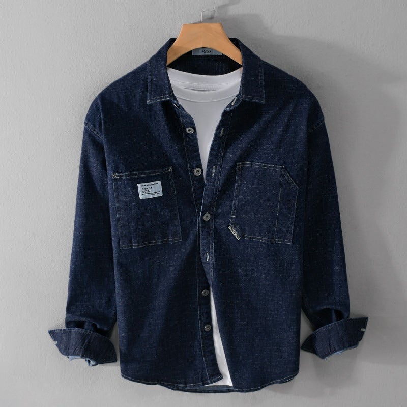 Mens Long-Sleeve Denim Shirt Korean Style Trendy Stylish Mens Work Shirt Non-Fading Autumn Japanese Casual Jacket Dark blue 