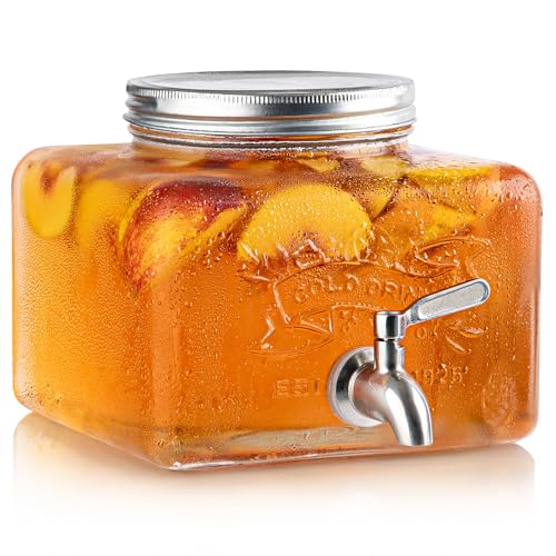 MosJos Glass Drink Dispenser for Fridge - Stainless Steel Spigot Mason Jar Dispenser with Wide Opening & Easy-Fill - Beverage Storage for Outdoor, Water, Iced Tea, Juice, Sangria & Detergent, 1 GALLON - Image 1