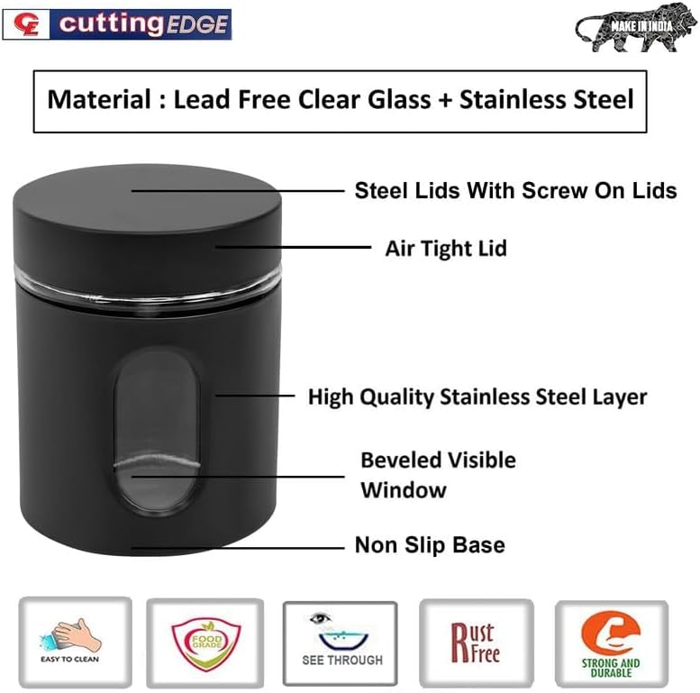 Cutting EDGE زجاجات بيضاوية الشكل - تشطيب أسود مطحون لتخزين العدس والفواكه المجففة والتوابل وغيرها من احتياجات المطبخ، سعة 900 مل، مجموعة من 4 قطع - Image 5
